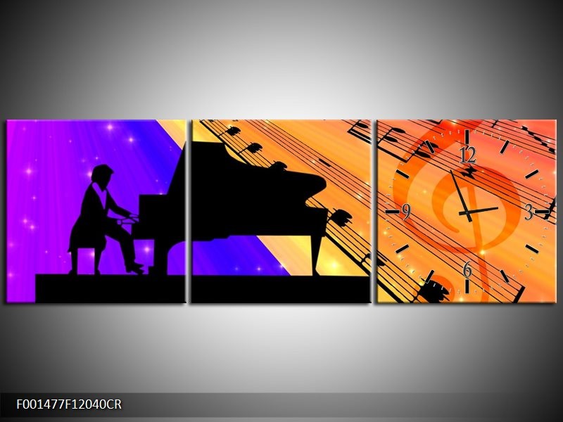 Klok schilderij Muziek | Zwart, Geel, Blauw | 120x40cm 3Luik
