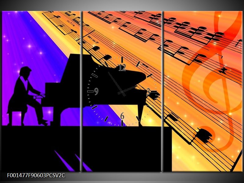 Klok schilderij Muziek | Zwart, Geel, Blauw | 90x60cm 3Luik