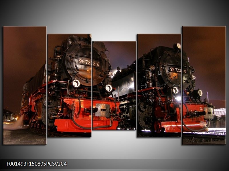 Klok schilderij Trein | Rood, Zwart, Wit | 150x80cm 5Luik