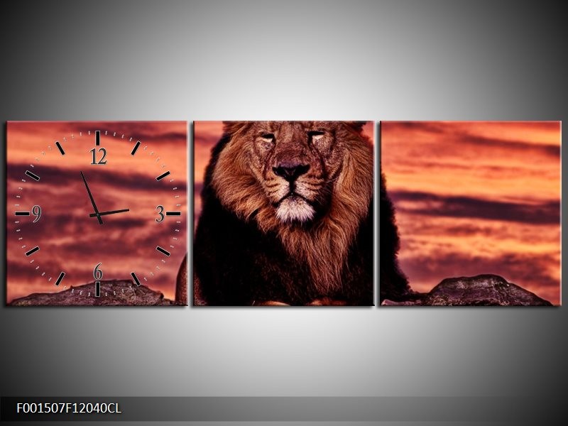 Klok schilderij Leeuw | Paars, Bruin, Zwart | 120x40cm 3Luik