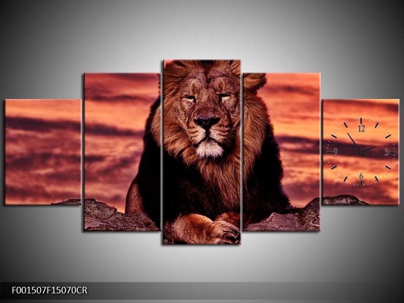 Klok schilderij Leeuw | Paars, Bruin, Zwart | 150x70cm 5Luik