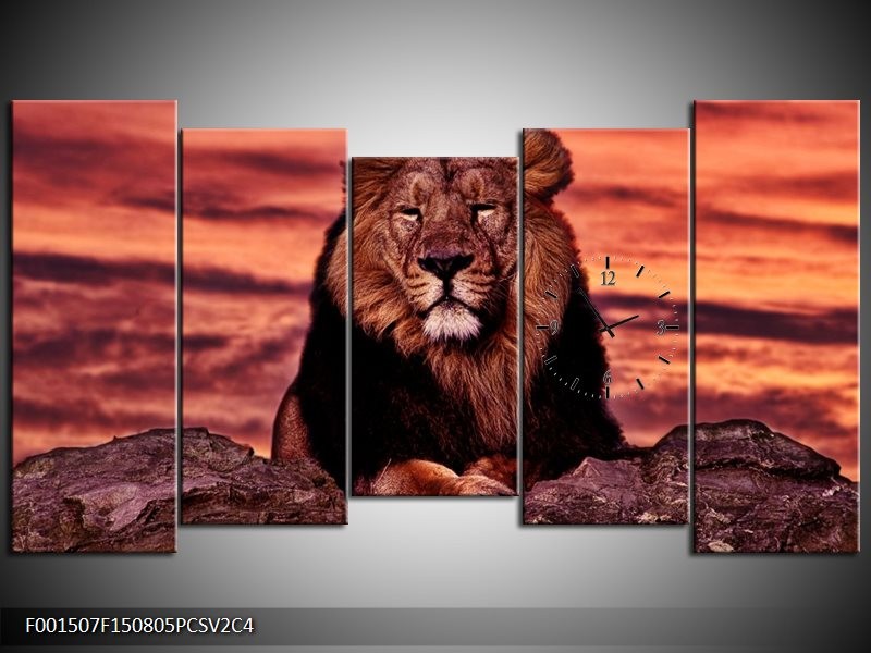 Klok schilderij Leeuw | Paars, Bruin, Zwart | 150x80cm 5Luik