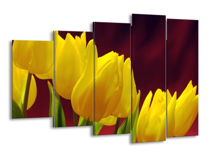 Canvas schilderij Tulpen | Geel, Bruin, Groen | 150x100cm 5Luik