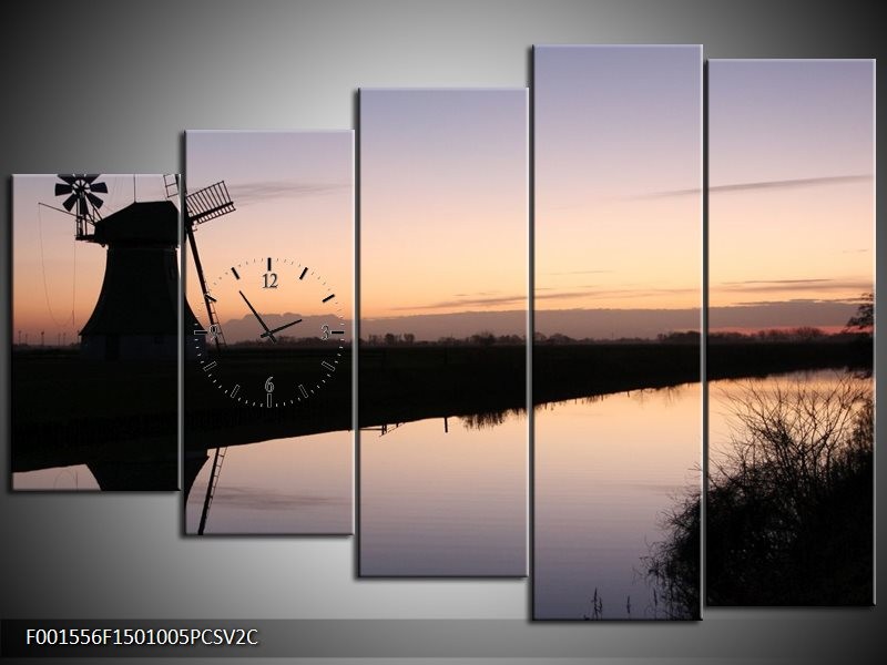 Klok schilderij Molen | Zwart, Grijs, Wit | 150x100cm 5Luik