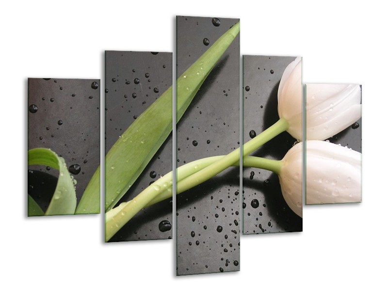 Canvas schilderij Tulpen | Wit, Groen, Grijs | 100x70cm 5Luik