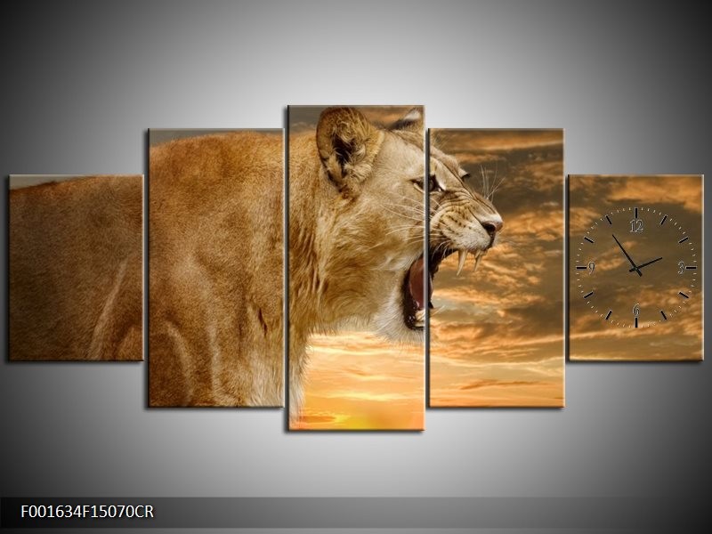 Klok schilderij Leeuw | Crème, Bruin, Wit | 150x70cm 5Luik