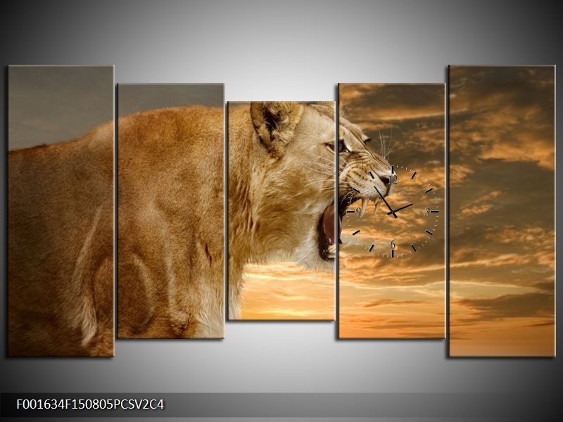 Klok schilderij Leeuw | Crème, Bruin, Wit | 150x80cm 5Luik