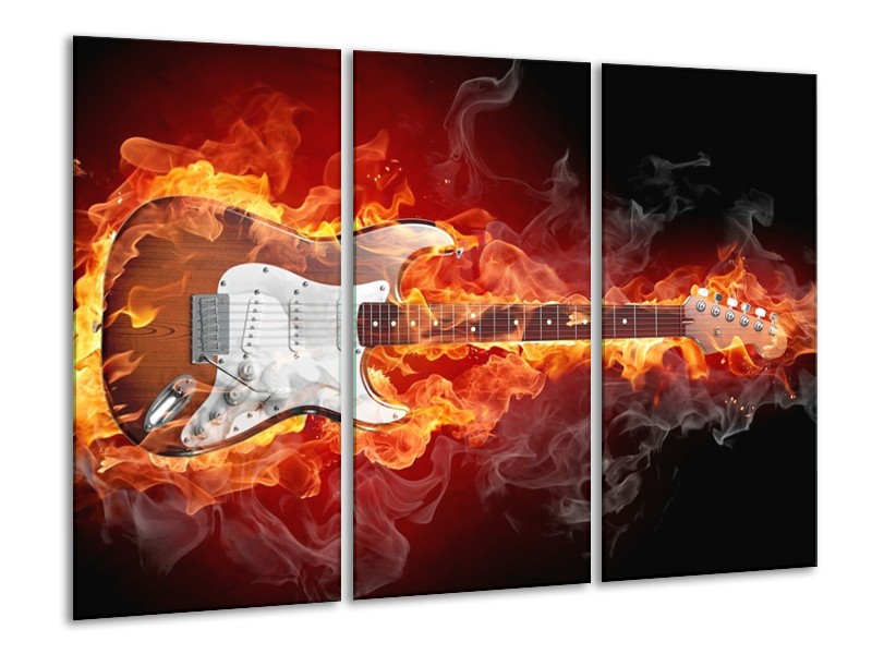 Canvas schilderij Gitaar | Bruin, Rood, Geel | 120x80cm 3Luik