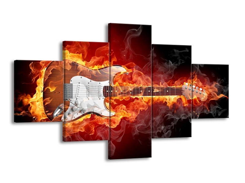 Canvas schilderij Gitaar | Bruin, Rood, Geel | 125x70cm 5Luik