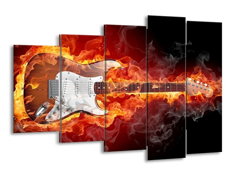 Canvas schilderij Gitaar | Bruin, Rood, Geel | 150x100cm 5Luik