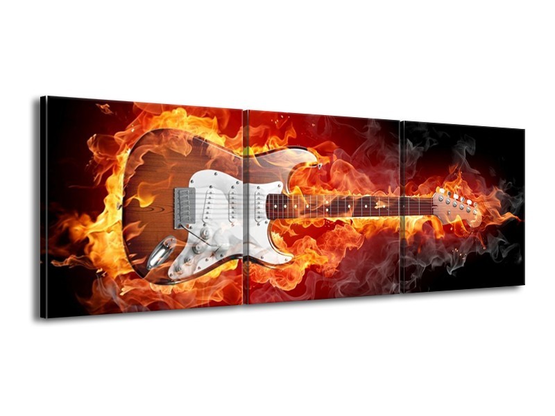 Canvas schilderij Gitaar | Bruin, Rood, Geel | 150x50cm 3Luik