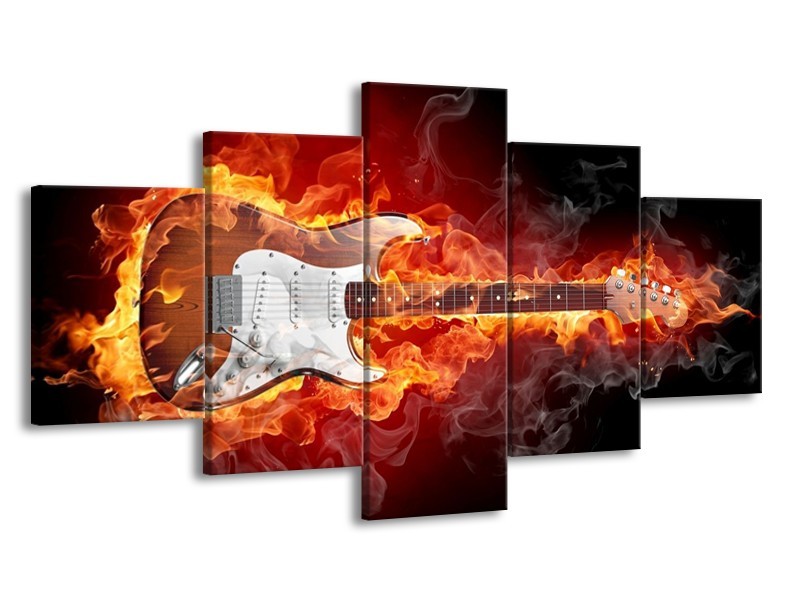 Canvas schilderij Gitaar | Bruin, Rood, Geel | 150x80cm 5Luik