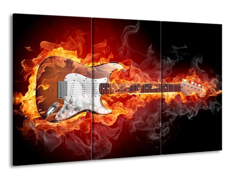 Canvas schilderij Gitaar | Bruin, Rood, Geel | 165x100cm 3Luik