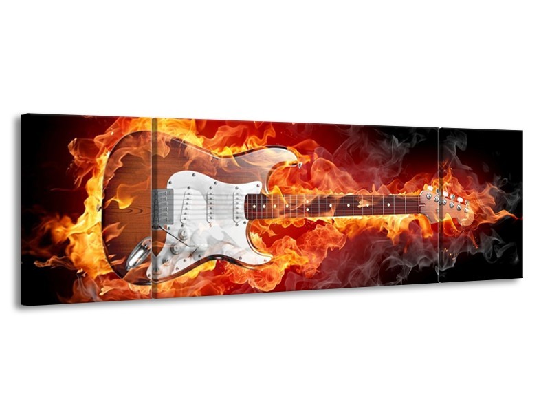 Canvas schilderij Gitaar | Bruin, Rood, Geel | 170x50cm 3Luik