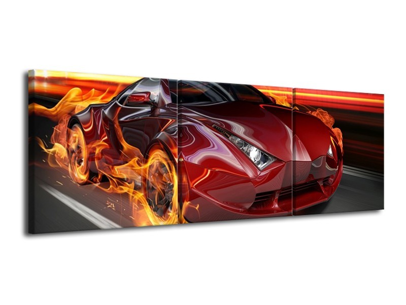 Canvas schilderij Auto | Rood, Zwart, Oranje | 120x40cm 3Luik