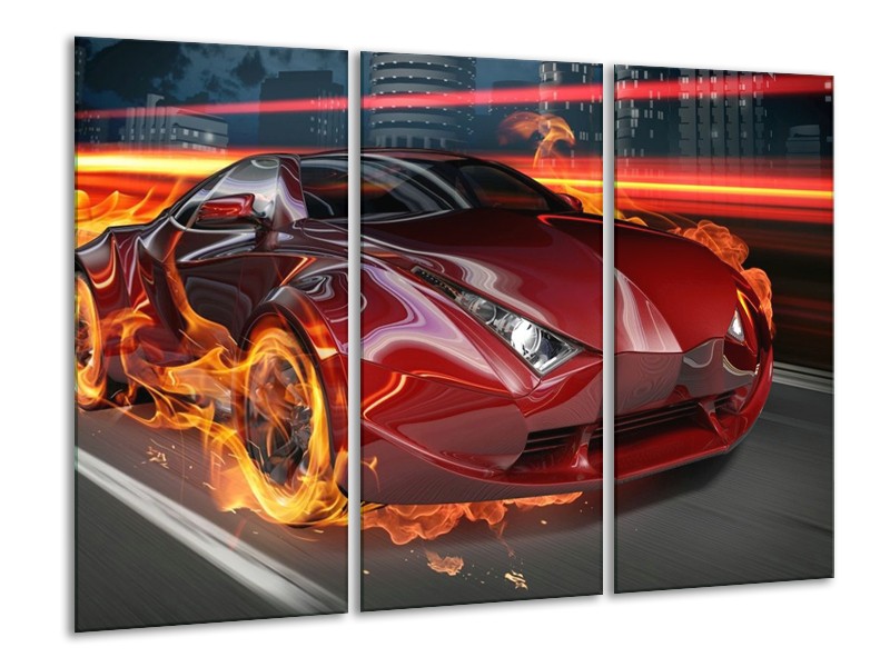 Canvas schilderij Auto | Rood, Zwart, Oranje | 120x80cm 3Luik