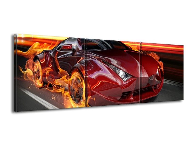 Canvas schilderij Auto | Rood, Zwart, Oranje | 150x50cm 3Luik
