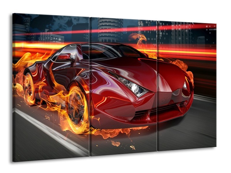 Canvas schilderij Auto | Rood, Zwart, Oranje | 165x100cm 3Luik