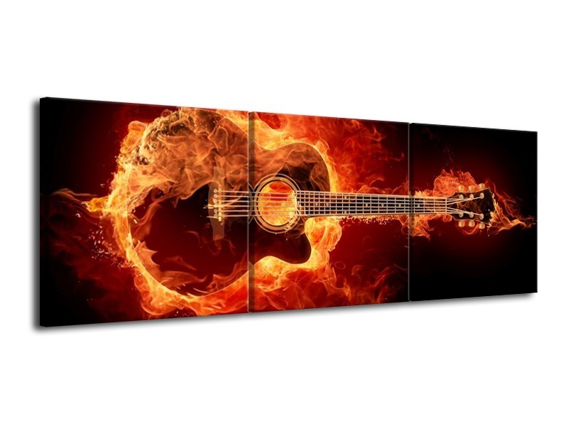 Canvas schilderij Gitaar | Goud, Rood, Geel | 120x40cm 3Luik
