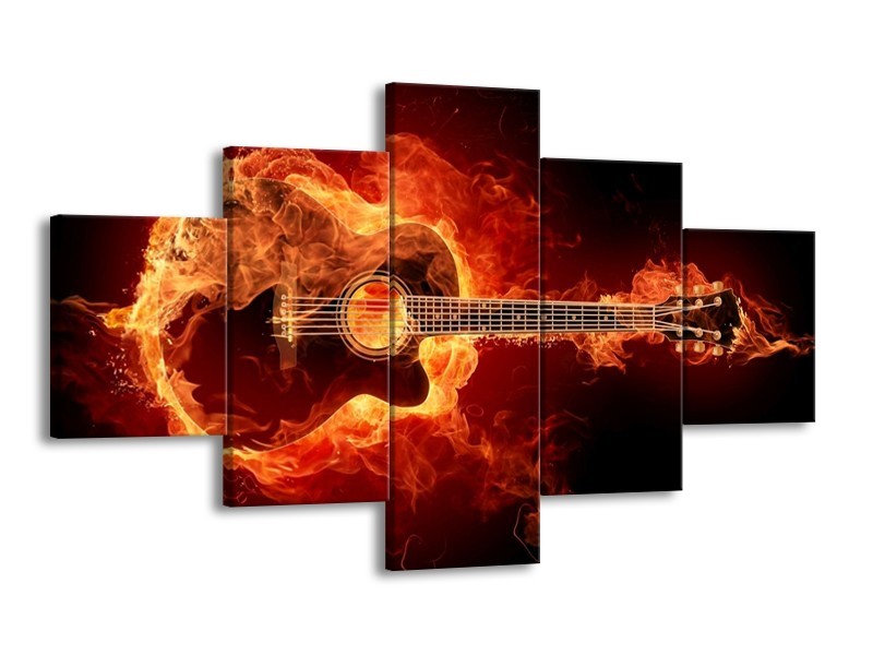 Canvas schilderij Gitaar | Goud, Rood, Geel | 125x70cm 5Luik