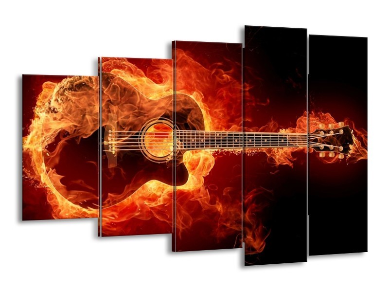 Canvas schilderij Gitaar | Goud, Rood, Geel | 150x100cm 5Luik