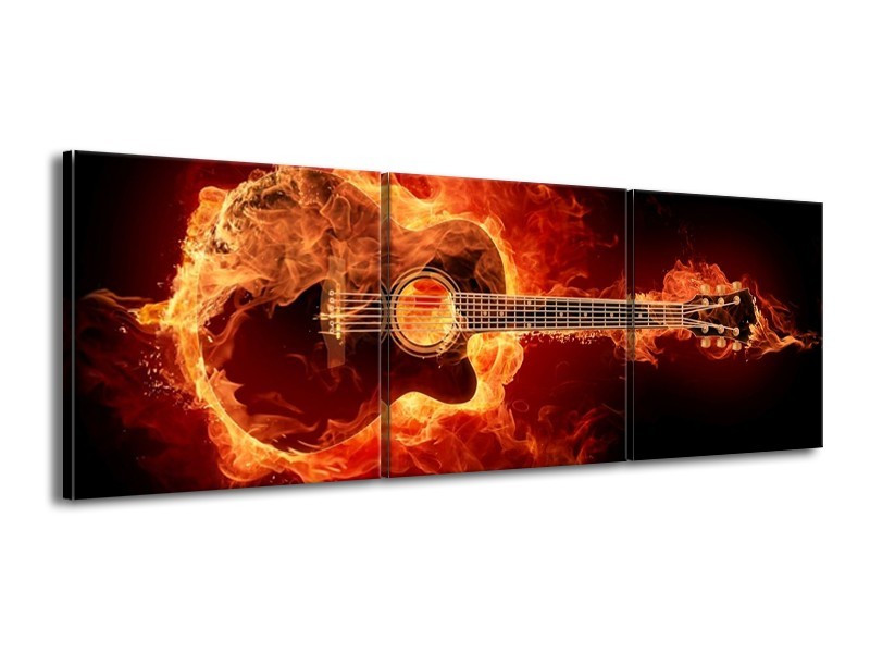 Canvas schilderij Gitaar | Goud, Rood, Geel | 150x50cm 3Luik