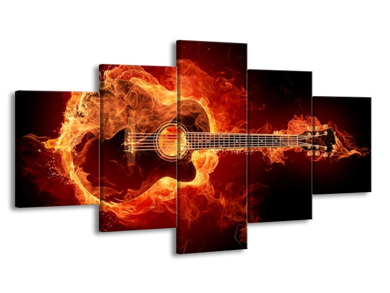 Canvas schilderij Gitaar | Goud, Rood, Geel | 150x80cm 5Luik