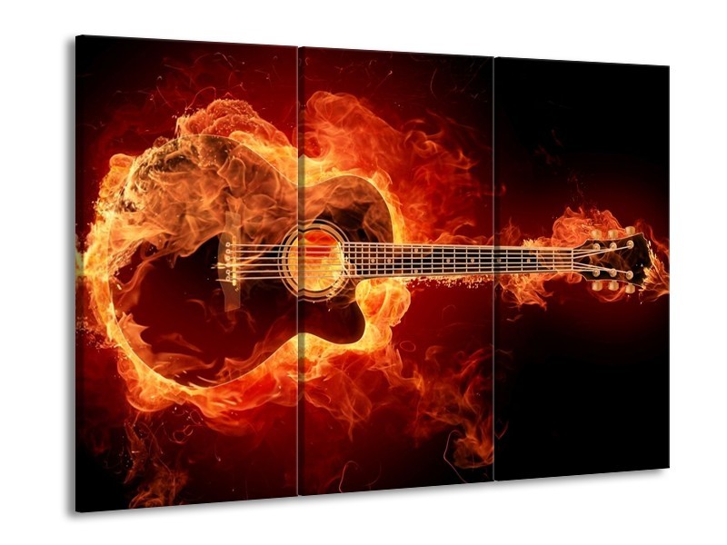 Canvas schilderij Gitaar | Goud, Rood, Geel | 90x60cm 3Luik