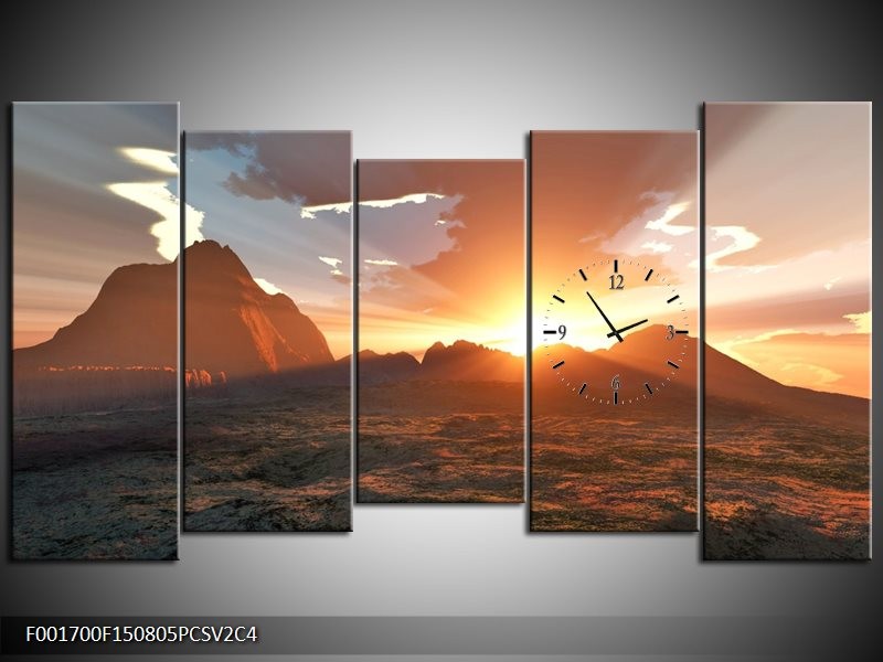 Klok schilderij Zonsondergang | Geel, Bruin, Wit | 150x80cm 5Luik