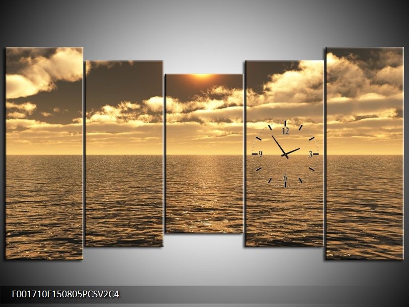 Klok schilderij Zee | Goud, Bruin | 150x80cm 5Luik