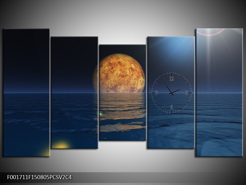 Klok schilderij Maan | Blauw, Bruin | 150x80cm 5Luik