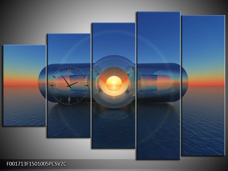 Klok schilderij Abstract | Blauw, Geel | 150x100cm 5Luik
