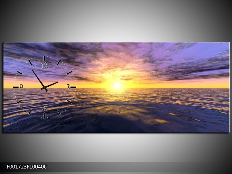 Klok schilderij Zonsondergang | Geel, Paars, Blauw | 100x40cm 1Luik