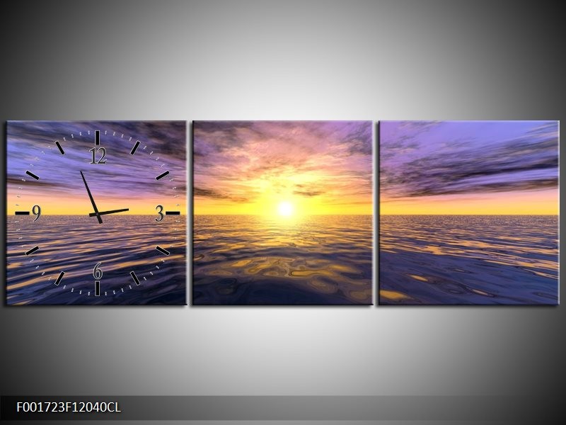 Klok schilderij Zonsondergang | Geel, Paars, Blauw | 120x40cm 3Luik