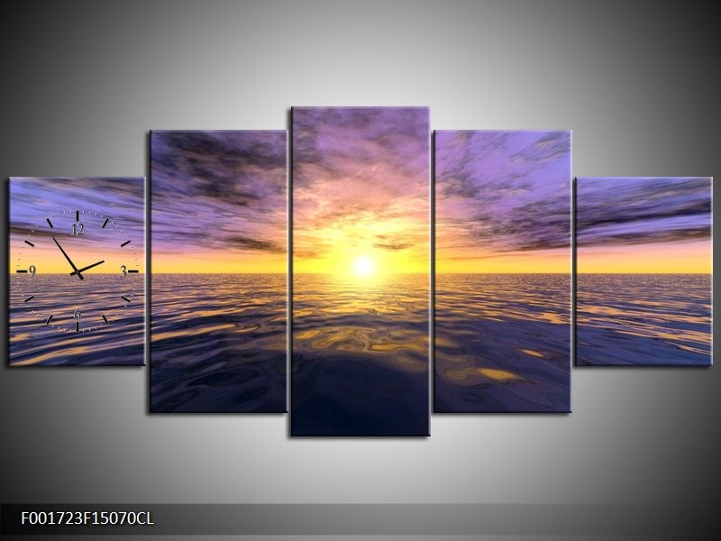 Klok schilderij Zonsondergang | Geel, Paars, Blauw | 150x70cm 5Luik