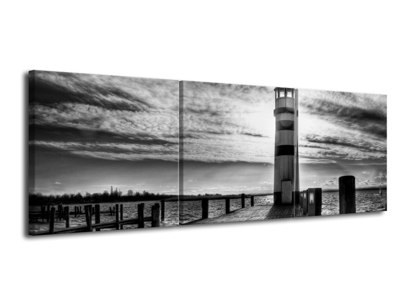 Canvas schilderij Vuurtoren | Grijs, Zwart, Wit | 120x40cm 3Luik