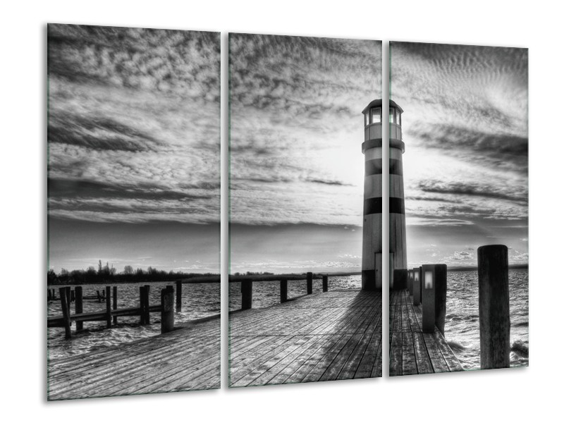 Canvas schilderij Vuurtoren | Grijs, Zwart, Wit | 120x80cm 3Luik