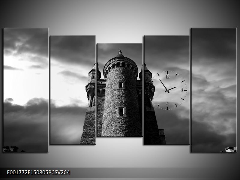 Klok schilderij Toren | Grijs, Zwart, Wit | 150x80cm 5Luik