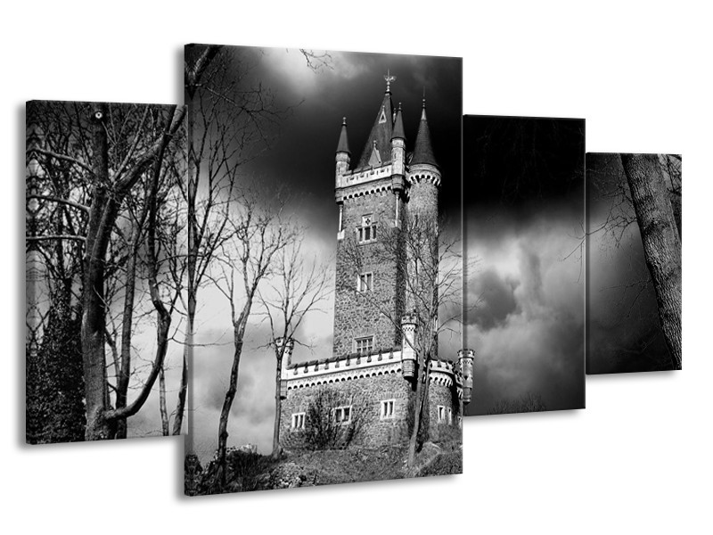Canvas schilderij Kasteel | Grijs, Zwart, Wit | 160x90cm 4Luik