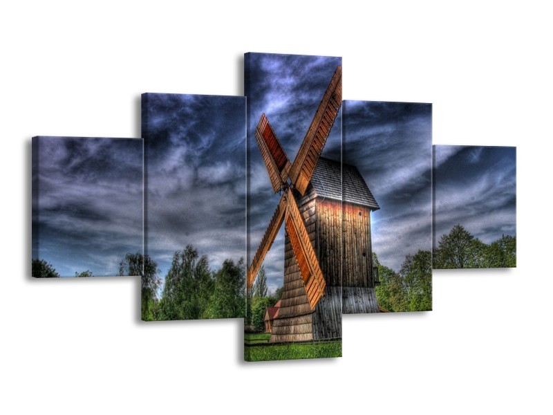 Canvas schilderij Molen | Geel, Bruin, Blauw | 125x70cm 5Luik