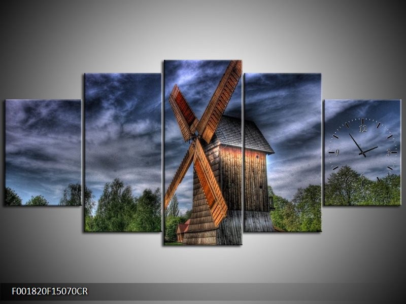 Klok schilderij Molen | Geel, Bruin, Blauw | 150x70cm 5Luik