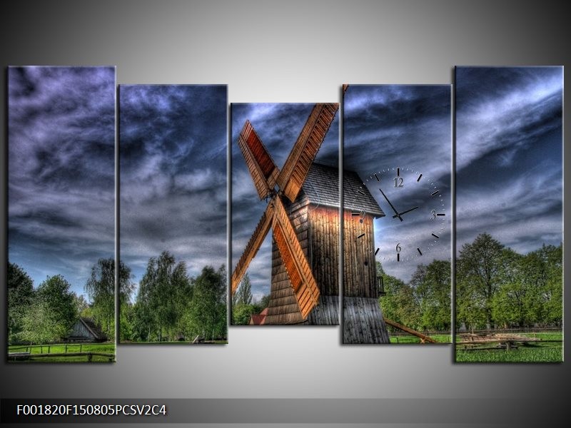 Klok schilderij Molen | Geel, Bruin, Blauw | 150x80cm 5Luik
