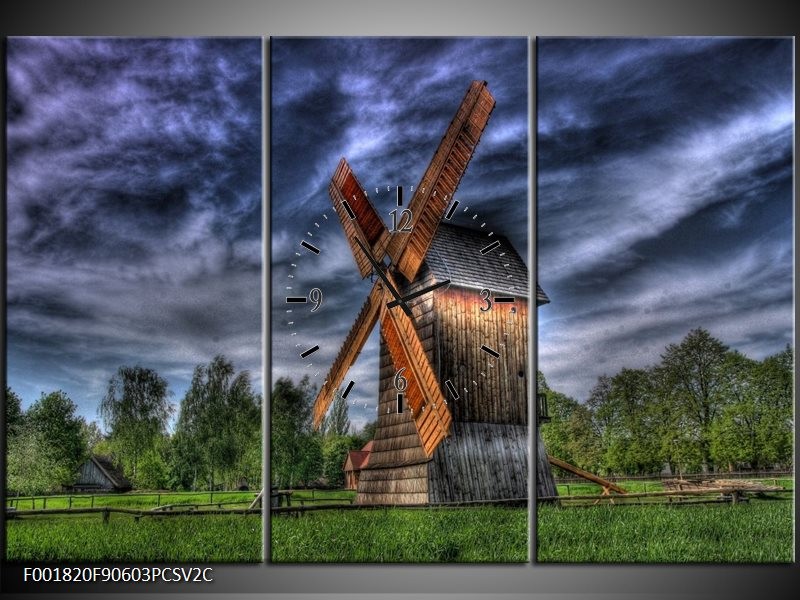 Klok schilderij Molen | Geel, Bruin, Blauw | 90x60cm 3Luik