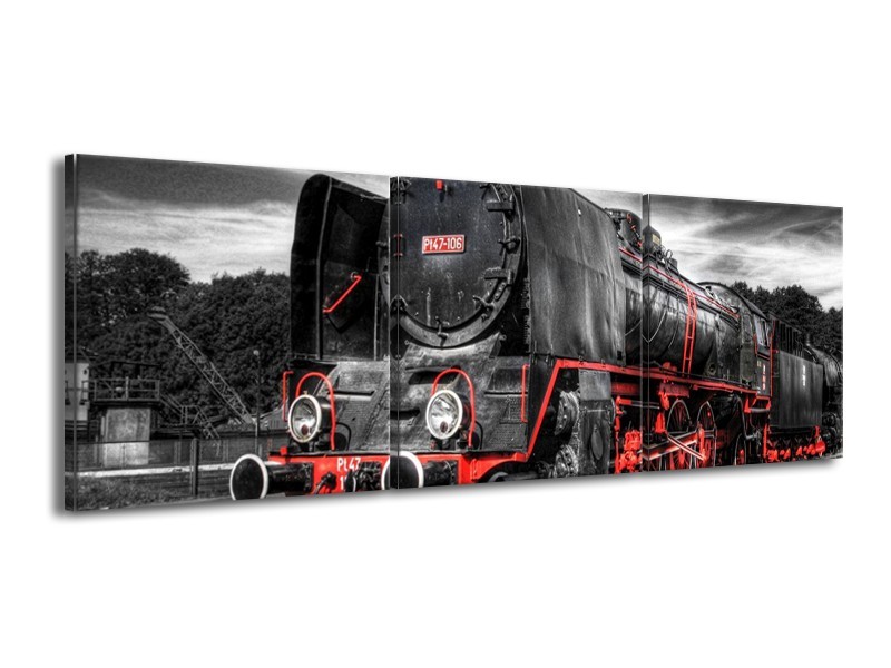 Glas schilderij Trein | Zwart, Rood, Wit | 150x50cm 3Luik