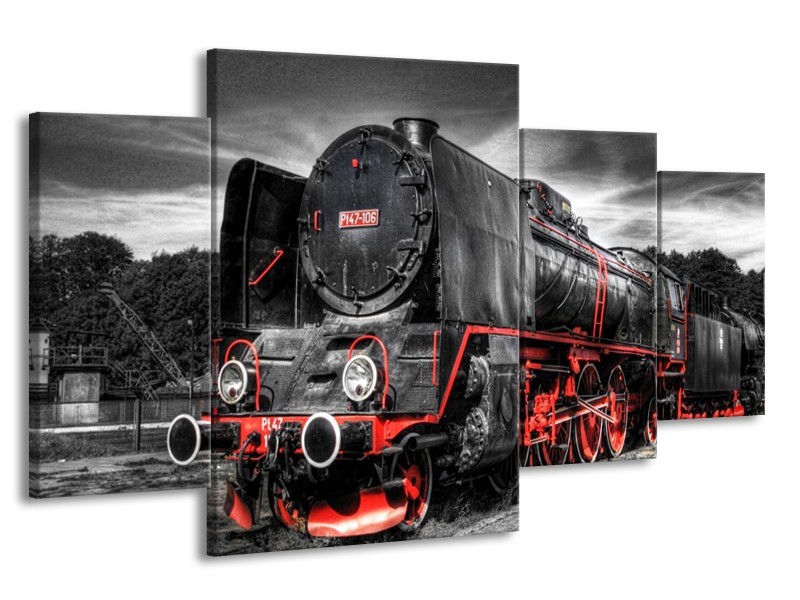 Canvas schilderij Trein | Zwart, Rood, Wit | 160x90cm 4Luik