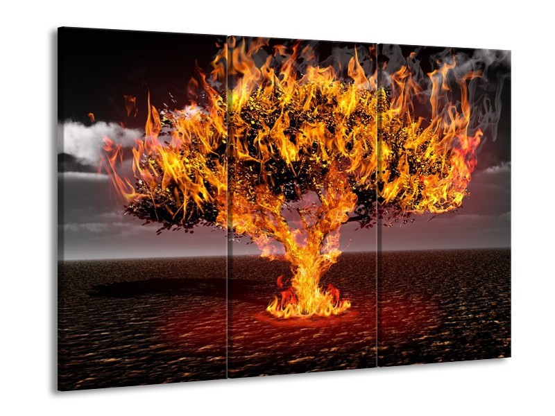 Glas schilderij Boom | Geel, Oranje, Bruin | 90x60cm 3Luik