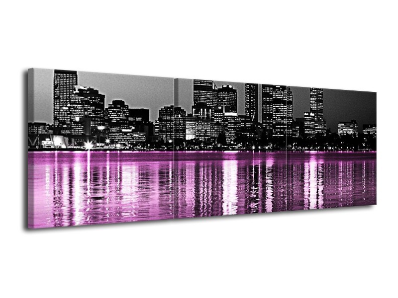 Glas schilderij New York | Zwart, Wit, Paars | 120x40cm 3Luik