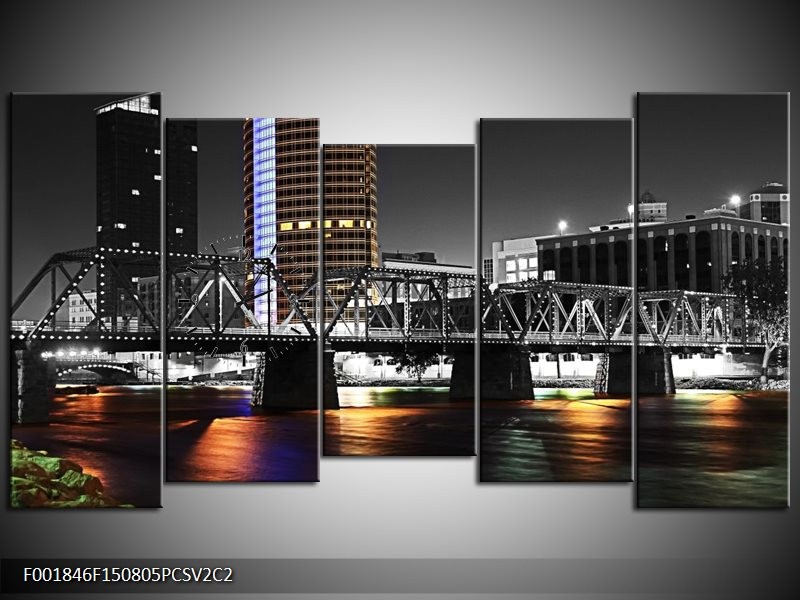Klok schilderij Brug | Zwart, Wit, Oranje | 150x80cm 5Luik