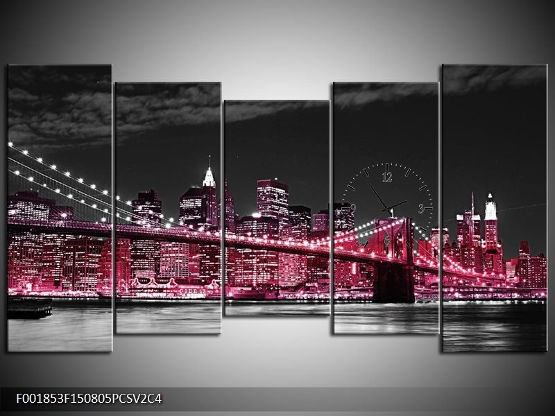 Klok schilderij Brug | Zwart, Wit, Roze | 150x80cm 5Luik