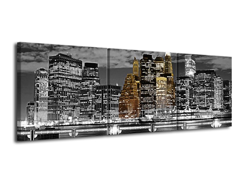 Glas schilderij New York | Zwart, Wit, Geel | 120x40cm 3Luik